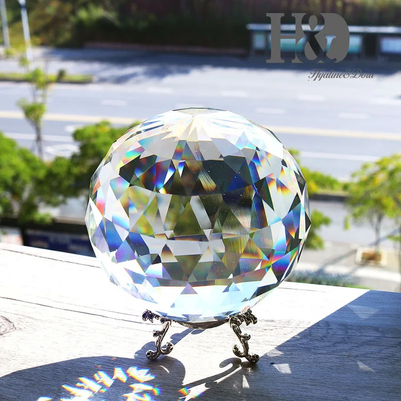 H&D 80/100/150mm Faceted Crystal Ball Feng Shui Paperweight Ornament Sphere Home Decoration Accessories with Metal Base Gift Box