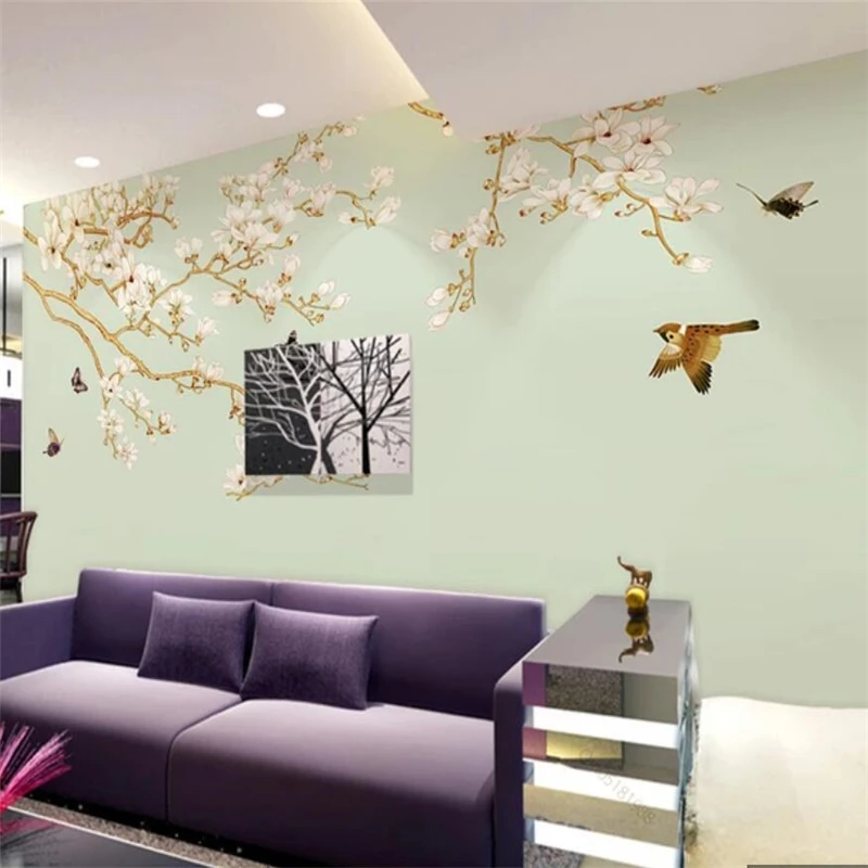 Обои на заказ 3d фотообои ручная роспись Магнолия птица ретро Китайский фон обои