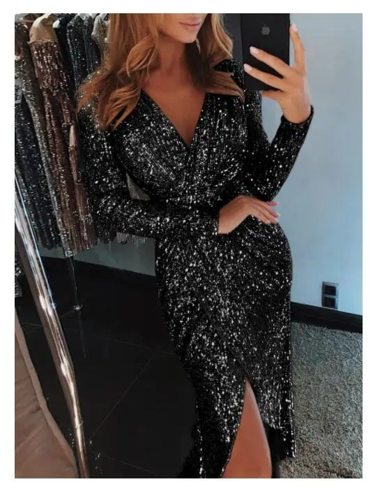 Женское облегающее платье Yesexy однотонное с длинным рукавом и глубоким вырезом
