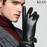 klss brand genuine leather men gloves autumn winter plus velvet thermal high quality goatskin glove business casual j50