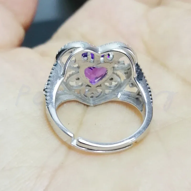 Per jewelry Natural real amethyst love heart style big ring Free shipping 925 sterling silver 0.8ct gemstone T95306 | Украшения и