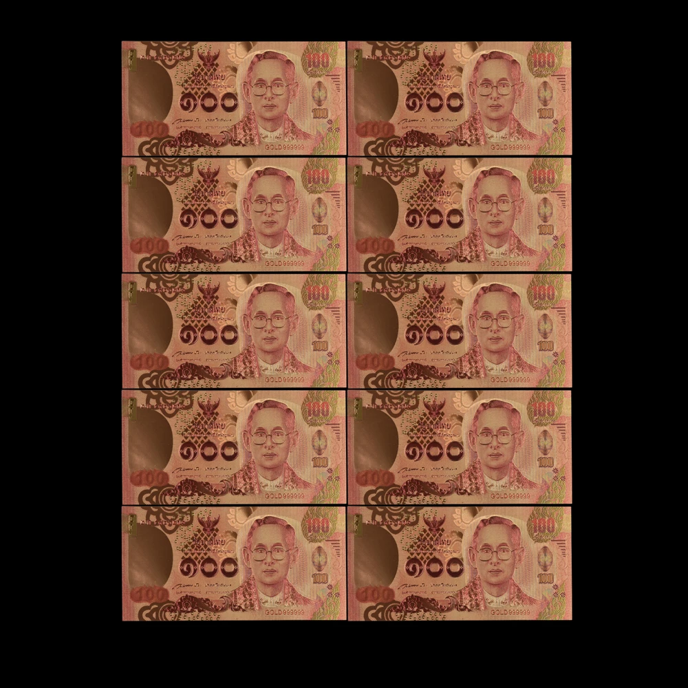 

10pcs Thailand Banknotes 100 Baht Bankntoes In 24k Gold Plated Currency Bill Note Wholesale Golden Fake Money Collections