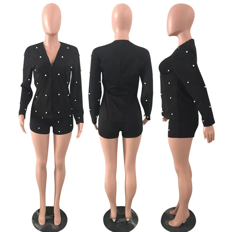 

Adogirl Pearls Accent Women Office Business Suits with Shorts Slim Full Sleeve Cardigan Blazer Coat Two Piece Set Club Costumes