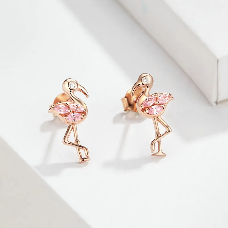 BISAER Flamingos Earrings 925 Sterling Silver Tropical Stud for Women Pink Zircon Jewelry EFE120 | Украшения и аксессуары
