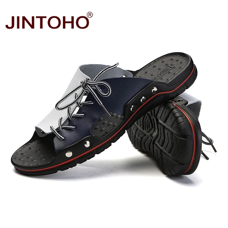 Летняя мужская обувь JINTOHO из натуральной кожи модные мужские кожаные тапочки