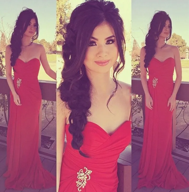 

New Attractive Red A-Line Evening Dress Sweetheart Zipper Back Chiffon Formal Activity Dress Off The Shoulder Sleeveless Vestido