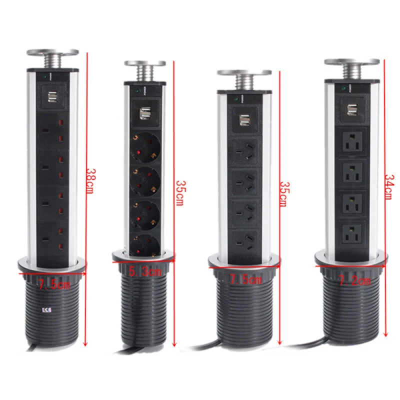 CLAITE 4 розетки 2 USB 250 В 13A 2500 Вт электрическая розетка Выдвижная настольная розетка индикатор полка кухня ЕС/США/Великобритания