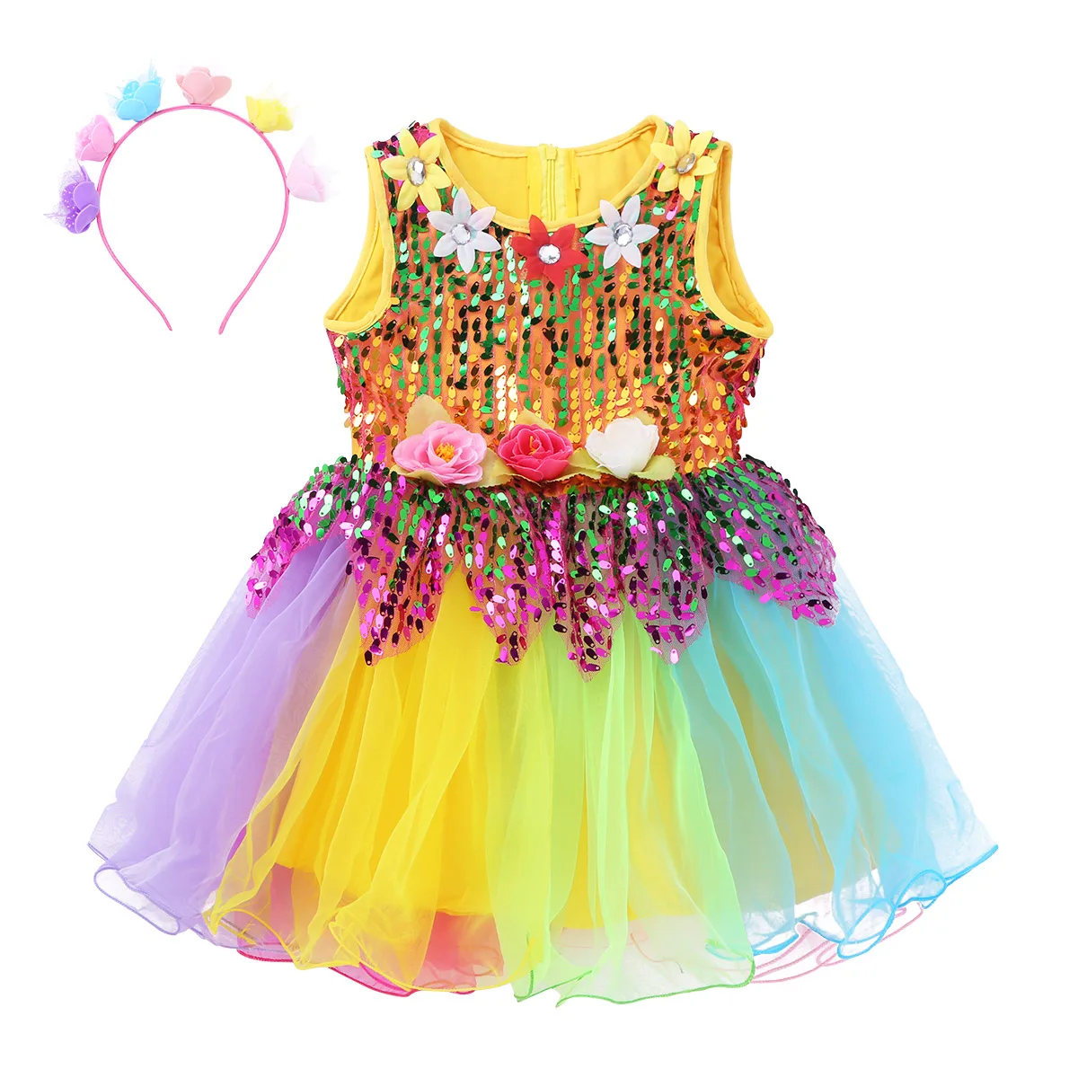 Балетное платье без рукавов с блестками для девочек из тюля цветами и радугой