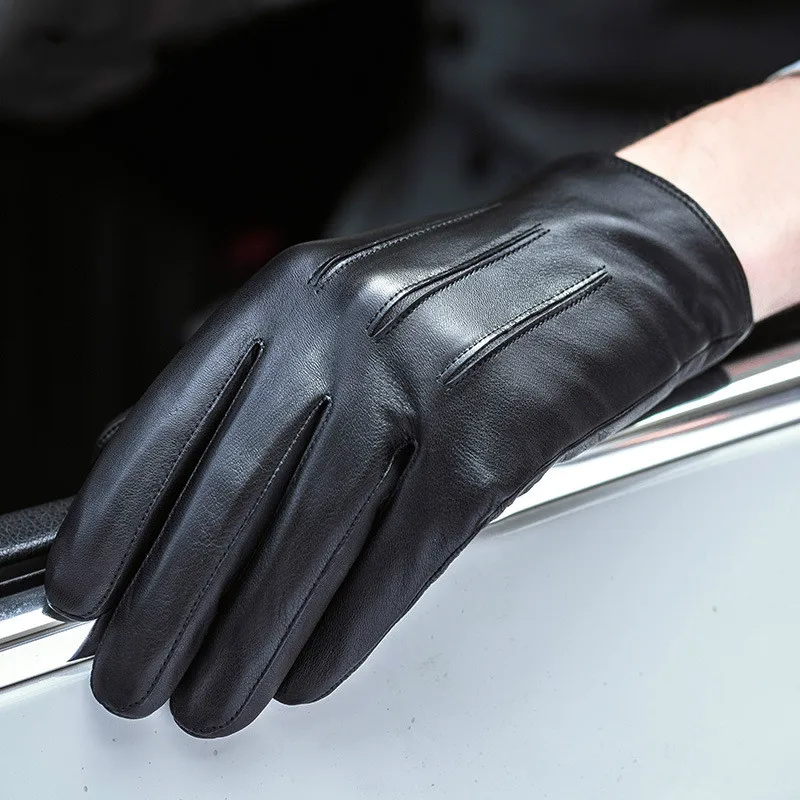 Winter Genuine Leather Gloves Men's Sheepskin Warm Black Mittens European Business Fashion Touch Screen Male Hand Muff H3223