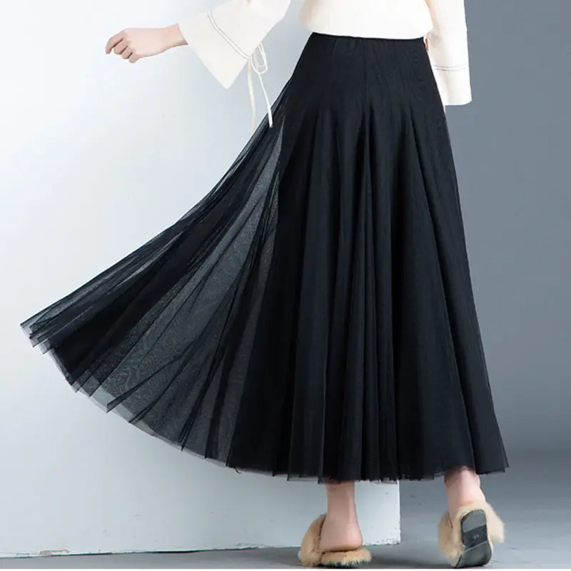 Gray Black Long Tulle Skirt Women Jupe Femme Maxi High Waist Elegant Saias Spring Summer Mesh Pleated Falda C4611 | Женская одежда