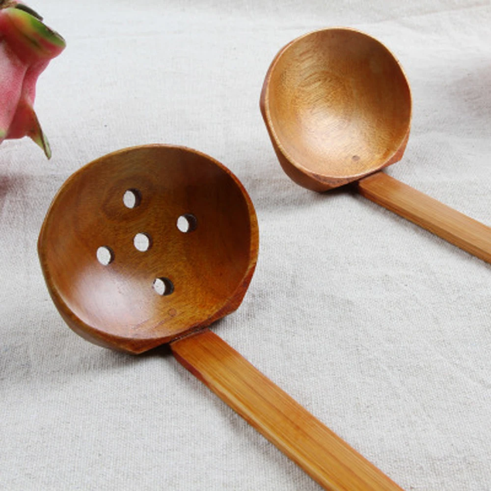 Multi-Use Nature Solid Wood Material Ladles Set Pierced Table Spoon Hot Pot Ramen Soup Buffet Slotted | Дом и сад