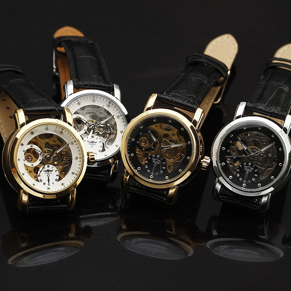 Женские автоматические механические часы WINNER черные наручные с кожаным ремешком