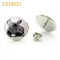 tafree 2017 brand pet dog dog earrings french bulldog art picture round glass exquisite workmanship trendy style jewlery a151