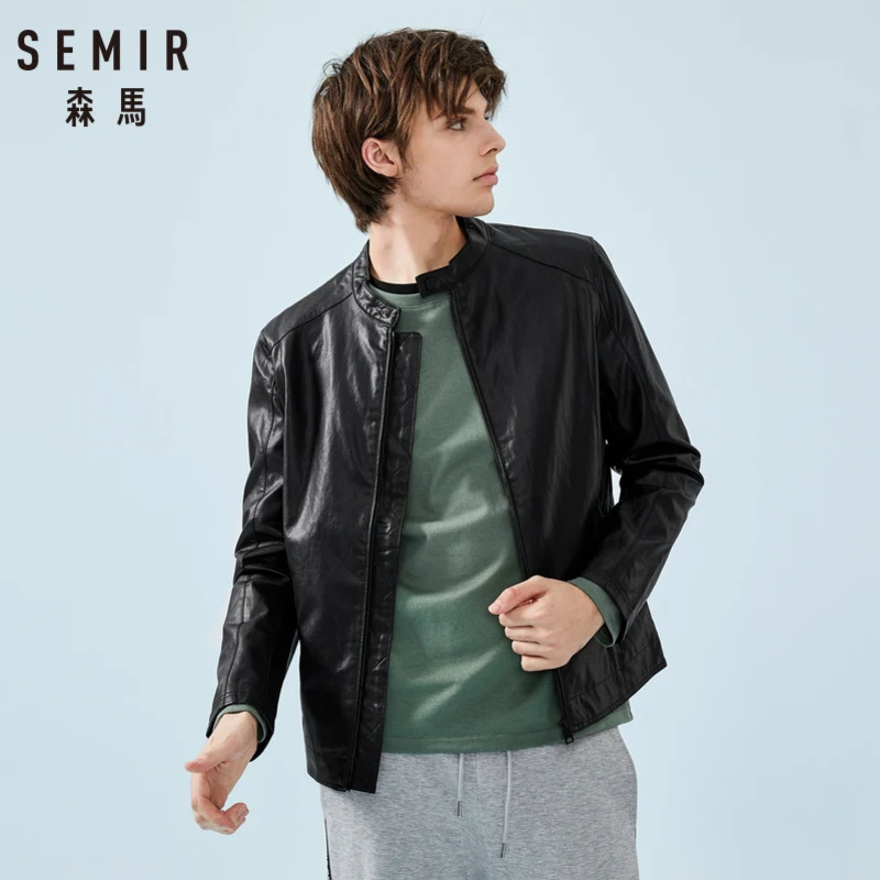 SEMIR, мужская куртка, искусственная кожа, куртка для мужчин, с маленьким воротником-стойкой, из искусственной кожи, мотоциклетное пальто, передний карман на молнии