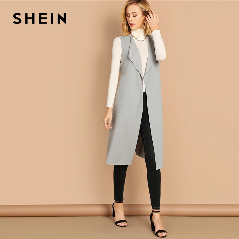Женское длинное пальто SHEIN однотонное весеннее с воротником водопадом бантом на