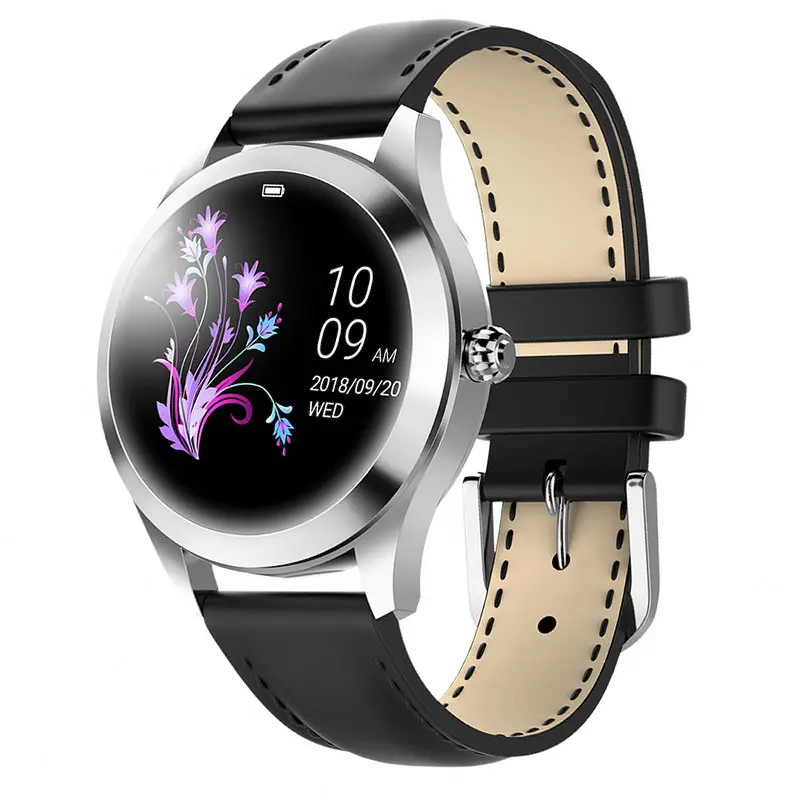 silver black leather KW10 Смарт-часы для женщин IP68 Водонепроницаемый мониторинг сердечного ритма Bluetooth для Android IOS фитнес-браслет умные часы - Цвет: silver black leather