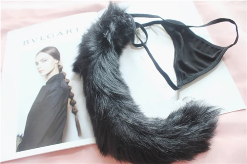 Fox tail Black Милое Розовое женское нижнее белье в стиле Лолиты с милым кроличьим хвостом для девочек, сексуальное нижнее белье, трусики-стринги - Цвет: Fox tail Black