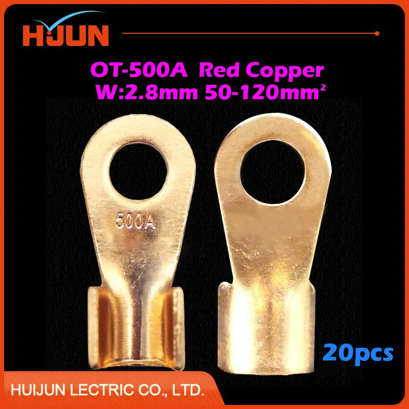 

20pcs/lot OT-500A 14.2mm Dia Red Copper Circular Splice Crimp Terminal Wire Naked Connector for 50-120 Square Cable