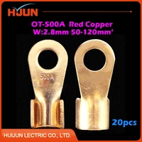 20pcslot ot 500a 14 2mm dia red copper circular splice crimp terminal wire naked connector for 50 120 square cable