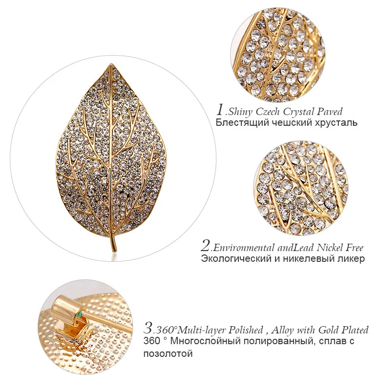 Женская Брошь в виде листьев с чешским кристаллом золотого цвета|brooches for women|leaf