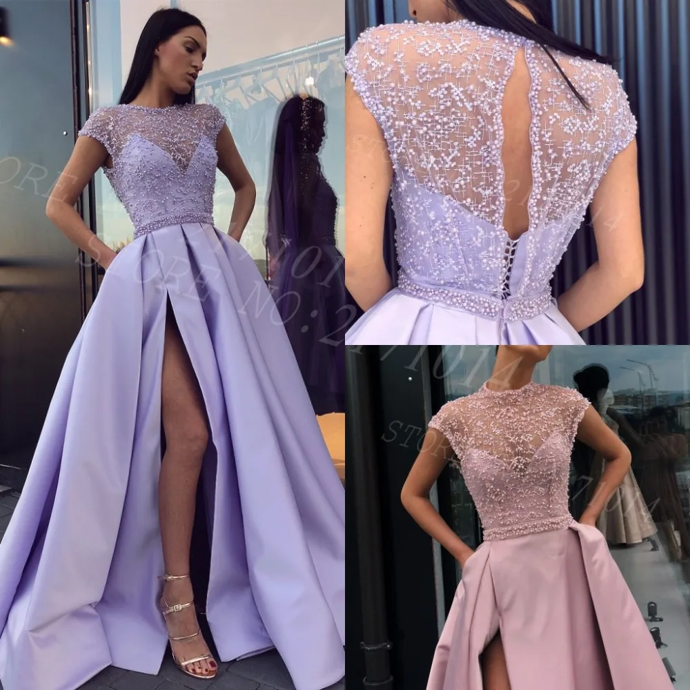 

2020 Elegant Custom Made Stunning Pink Cap Sleeves Pearls Beaded Sexy Side Split Backless Lilac Satin A line Prom Dresses