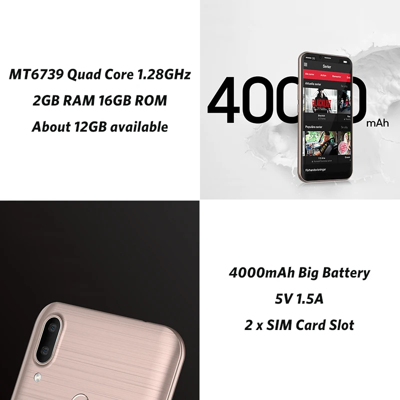 LEAGOO M11 смартфон с четырёхъядерным процессором MTK6739 ОЗУ 2 Гб ПЗУ 16 Android 8 1 6 18 дюйма 4000