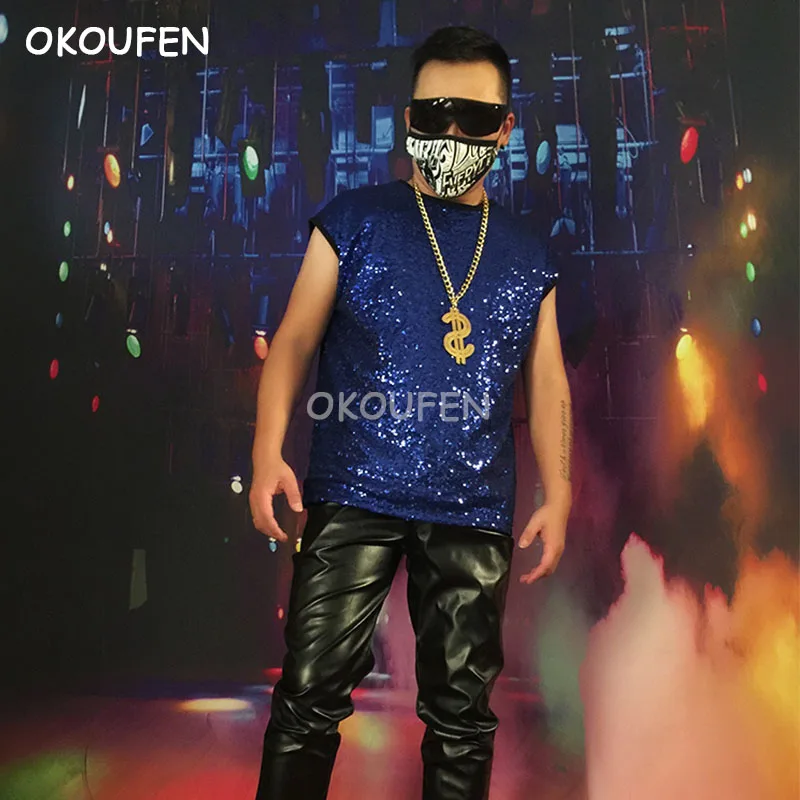 Men's personality Sequins Vest New loose Tops costumes nightclub bar male singer dancer show stage performance accessories |