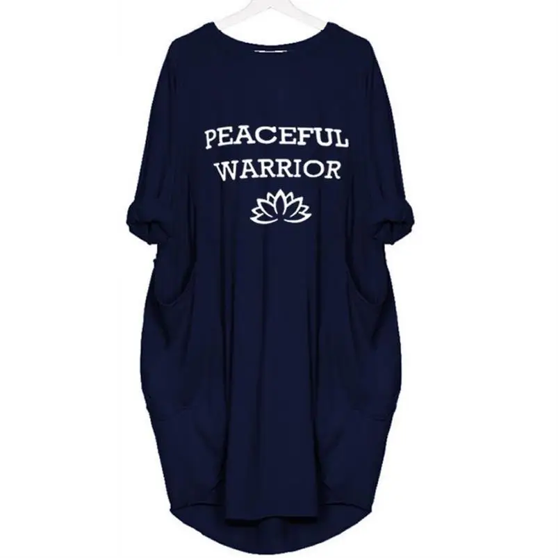 Новая футболка с надписью «Peaceful Warrior» для женщин, топы с карманами, женская футболка, летняя футболка размера плюс, женские футболки с графикой - Цвет: Blue