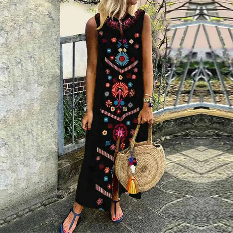 Черный Для женщин летние flpral Boho Повседневное длинное вечерние коктейльное пляжное платье Открытое платье без рукавов, из набивной ткани, с Разделение в этническом стиле платье - Цвет: Черный