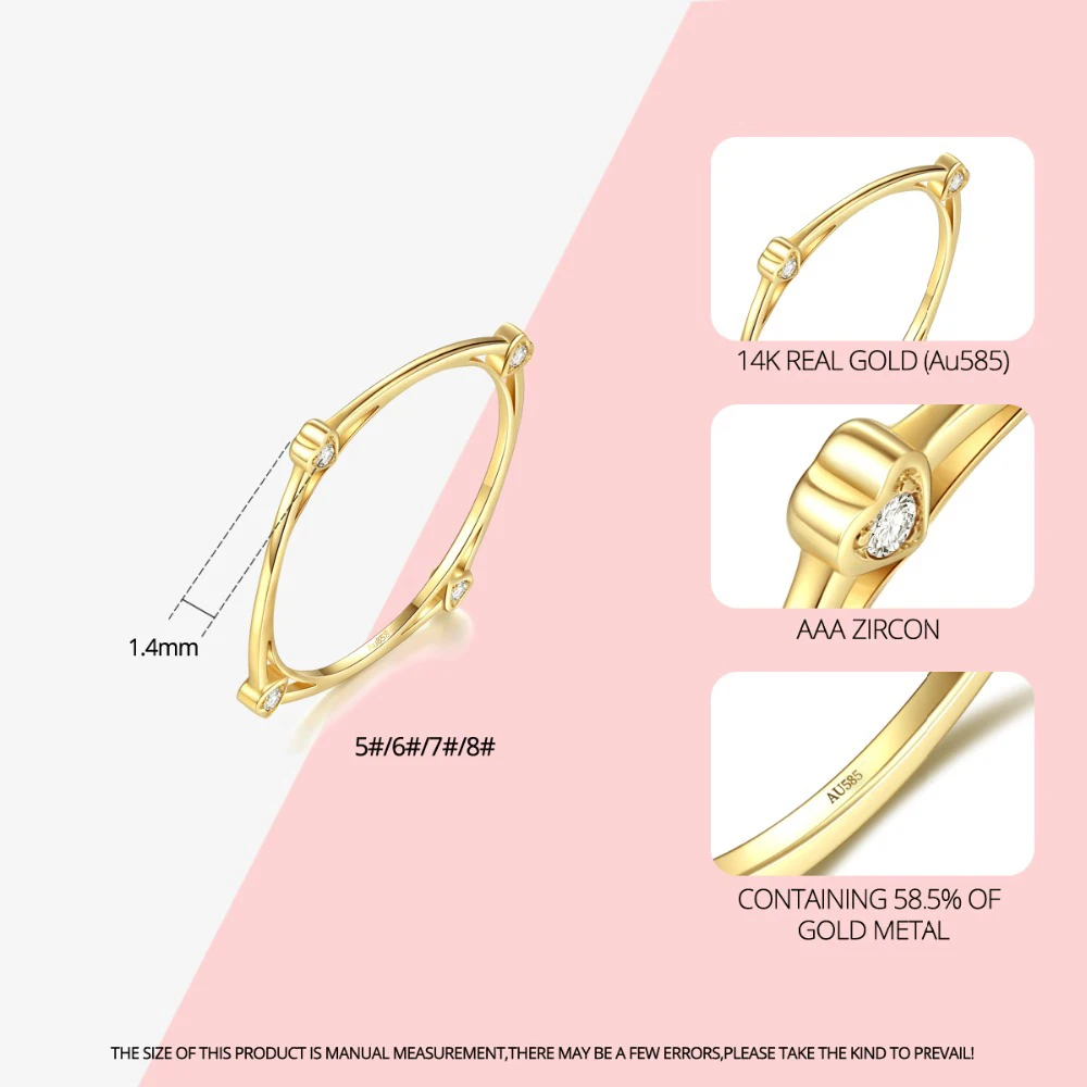 Gem& Time, корейское Сердце Любви, Твердые 14 к золотые кольца для женщин, солнечный свет, циркон, свадебные украшения, Настоящее Желтое золото, Anillos AU585 R14003
