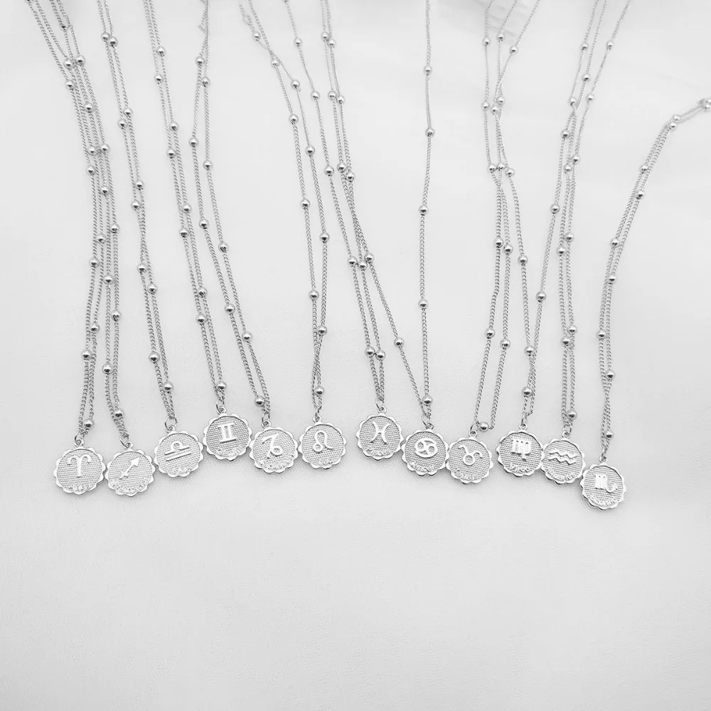 Ingemark 12 Zodiac Constellation Carve Coin Pendant Necklace Simple Copper Leo Beads Clavicle Chain Necklace Sexy Couple Jewelry