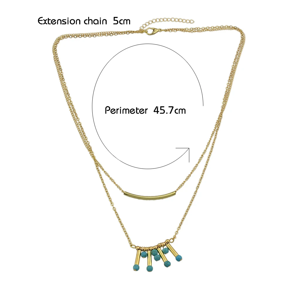 Minimalist Style Silver Gold-Color Multi Layer Chain with Blue Beads Geometric Drop Maxi Necklace For Women Jewelry | Украшения и