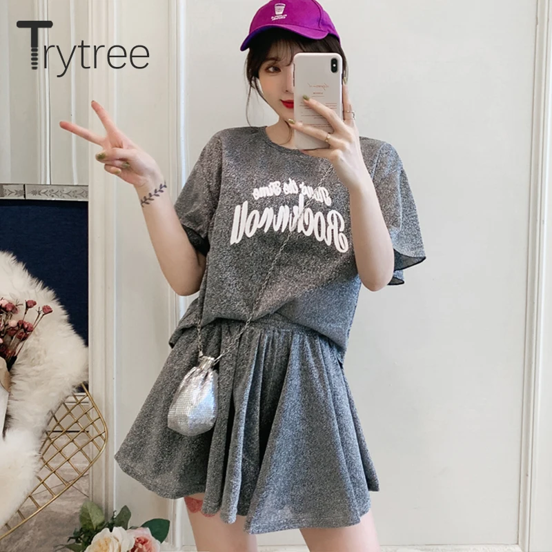 Trytree/летний женский костюм из двух предметов Модный Блестящий Повседневный Топ с