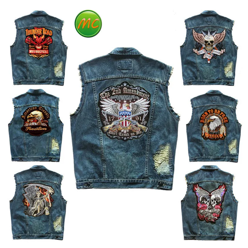 Вышитый джинсовый жилет ковбойские синие джинсы Лоскутные мотоциклетные