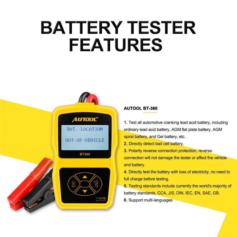 AUTOOL BT360 12 в цифровой автомобильный тестер батареи для затопленных AGM гелевых BT-360 12 вольт Автомобильный анализатор батареи CCA многоязычный