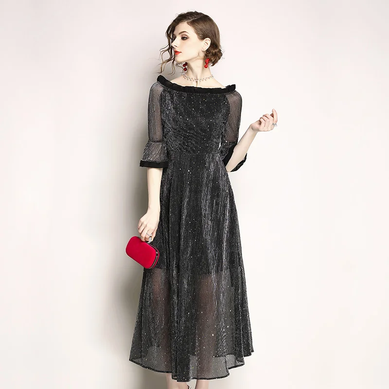 BLLOCUE Fashion Designer Runway Dress 2018 Summer Women's Half Sleeve Sequined Elegant Slash neck Party | Женская одежда