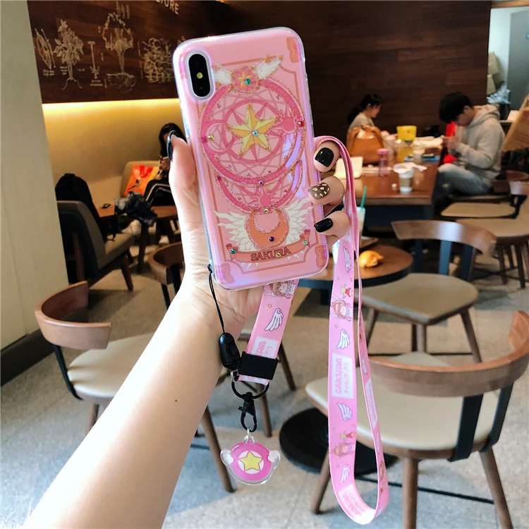 Для iphone XS max XR X Розовый Блестящий Сейлор Мун мягкий чехол+ ремешок для iphone 8plus 7plus 6SP 7 8 6 6S милый блестящий чехол Sukura
