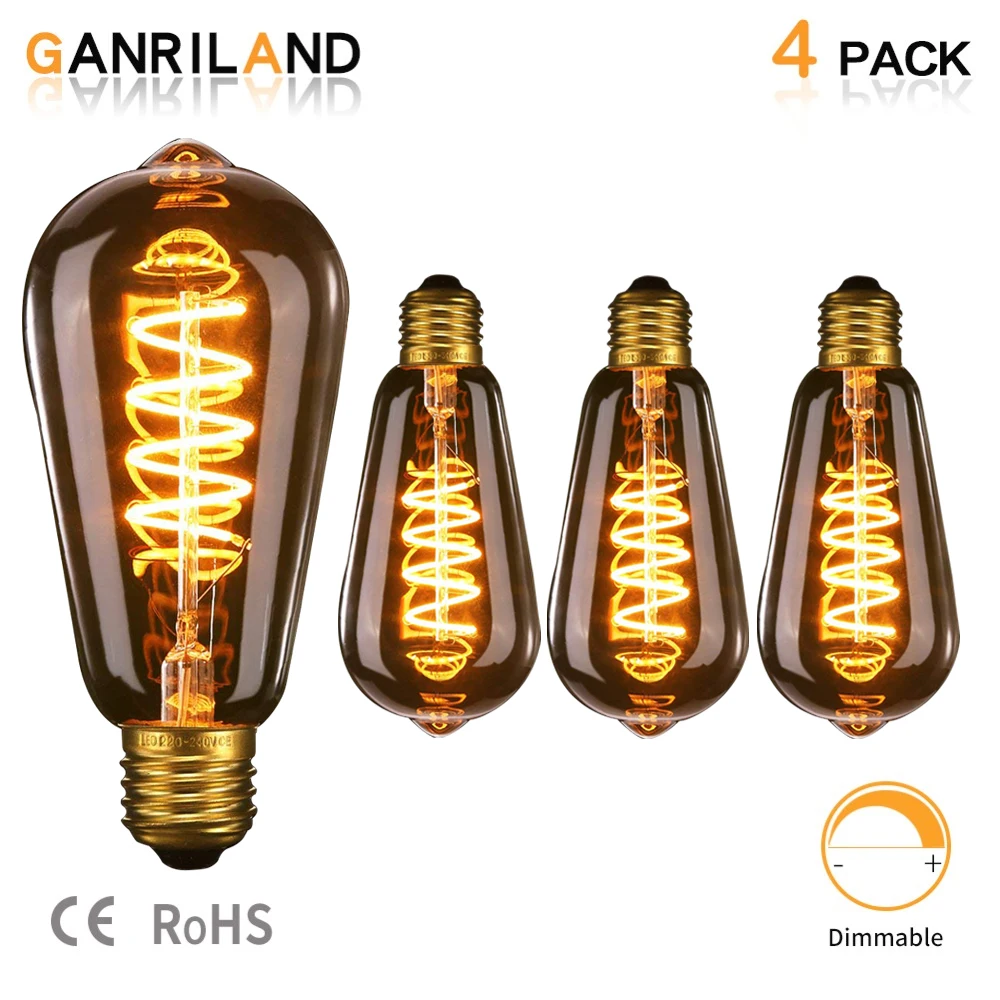Ganriland ST64 ретро Edison спиральные светодиодный светильник лампы E26 110V лампы 3W E27 нити Янтарный Стекло 2200k с регулируемой яркостью для Decortive глобусная лампочка
