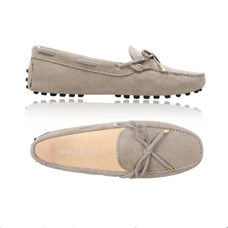 Khaki Grey Американские размеры 4-9, женские лоферы из коровьей замши на шнуровке для беременных женщин на плоской подошве, 14 цветов, обувь для езды в автомобиле, классические мокасины - Цвет: Khaki Grey