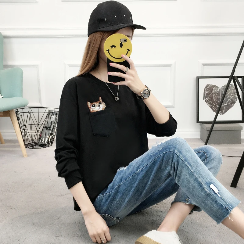 2017 Осенняя Новинка Харадзюку консервативный свободный карман Кот Вышивка