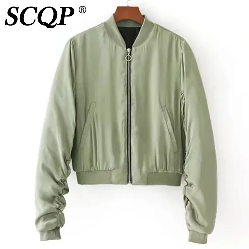 SCQP Для женщин Повседневное твердых атласная Курточка бомбер тонкий o-образным