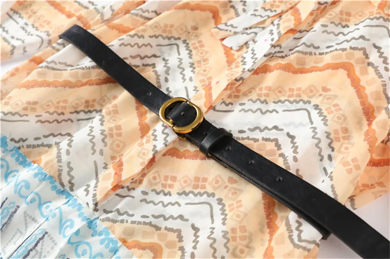 

Summer New Women's Long Sleeve Chiffon Vintage Print Striped Pleated Short One-piece Dress