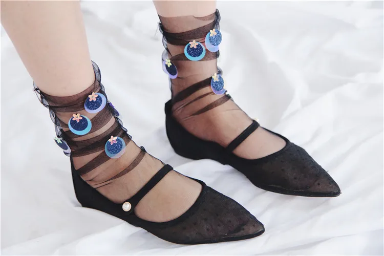 12 Pairs Women's Handmade Sequins Socks Ladies Girl's Transparent Mesh Shiny Transparent Socks Sox Princess Glitter Sock Hosiery