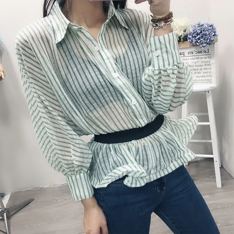 WHITNEY WANG 2018 Summer Fashion Streetwear Colors Contrast Elastic Ribbon Patchwork Striped Blouse Women blusas Shirt Tops |