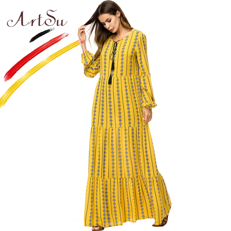 Женское платье-макси в этническом стиле ArtSu желтое Повседневное Платье макси с