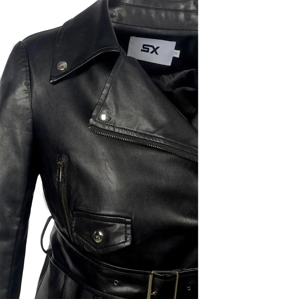 SX NEW Soft PU Faux leather Jacket Women Sashes Slim Lapel Lace zipping Beading Motocycle Coats