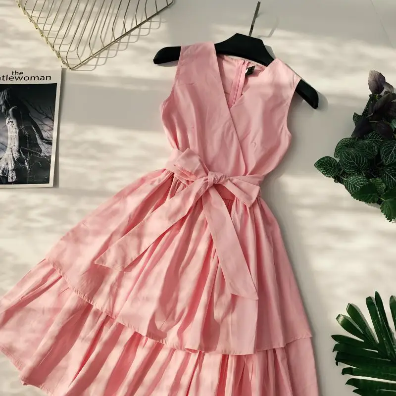 ALPHALMODA, летнее женское платье принцессы без рукавов с двойным слоем, с высокой талией, с поясом, для девушек, бальное платье, милое, с оборками, Vestidos