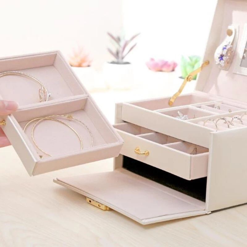 LuxJuly Jewelry Storage Box with Drawer Portable Cosmetic Case Multi-Layer Solid Color PU Leather Package | Украшения и