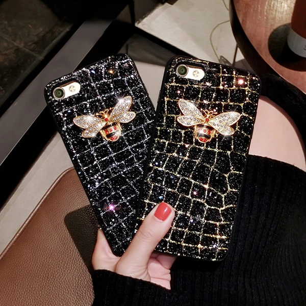 Для samsung Galaxy Note 8 S9 S8 Plus A8 A7 A6 A5 A3 IPhone X XR XS MAX Metal 3D Bee Diamond Bling Жесткий блестящий чехол