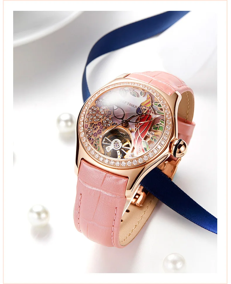 Reef Tiger Top Brand Luxury Women Watches Pink Dial Leather Strap Mechanical Watch Rose Gold Fashion Watch reloj mujer RGA7105